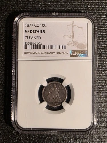 1877 CC Seated Liberty Dime 10c VF Details Cleaned 90% Silver