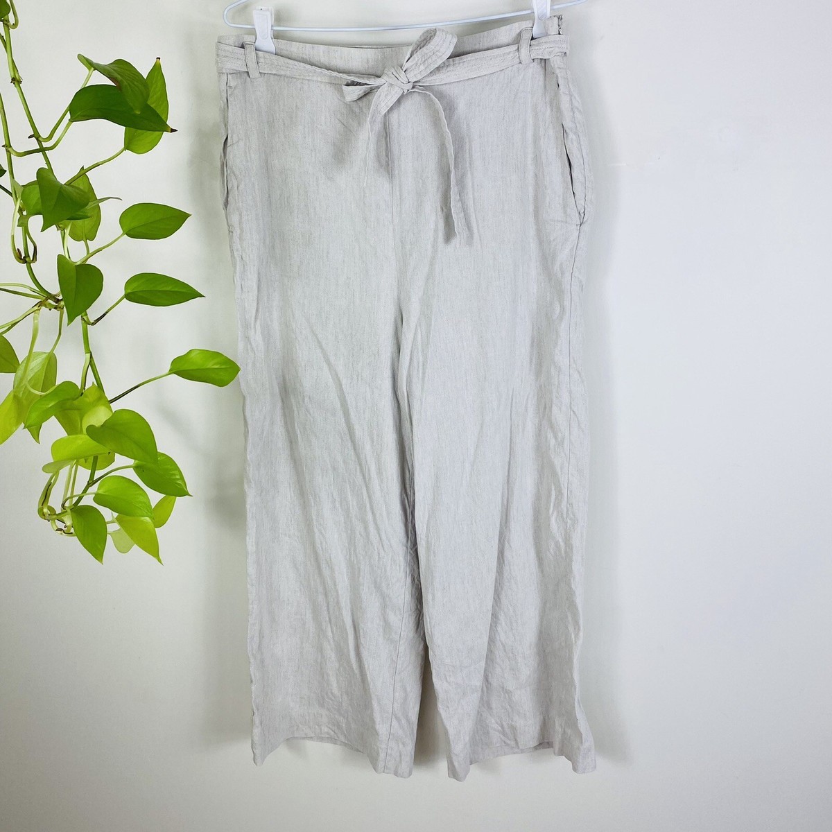 Witchery Size 10 Pants Beige Linen High Waist Tie Belt Wide Leg