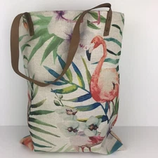 NEW Reusable Shopping Bag Tote Grocery Burlap Feel Tropical Flamingo 13.7" x 18"