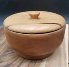 Vintage Hand Turned Wooden Bowl Trinket Dish with Lid Natural Wood Grain