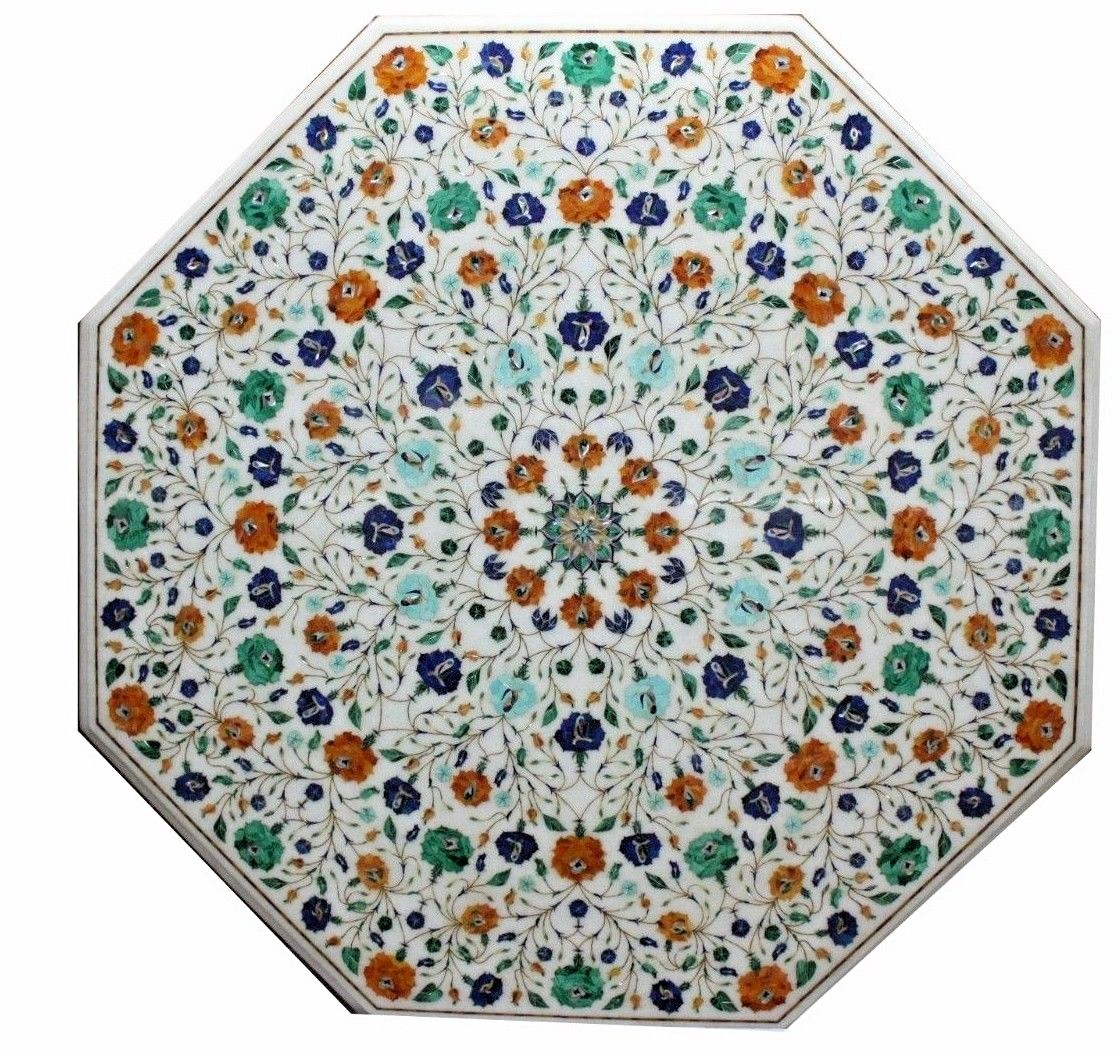 42x42 inch marble floral inlay table top with semi-precious pietra dura stone art