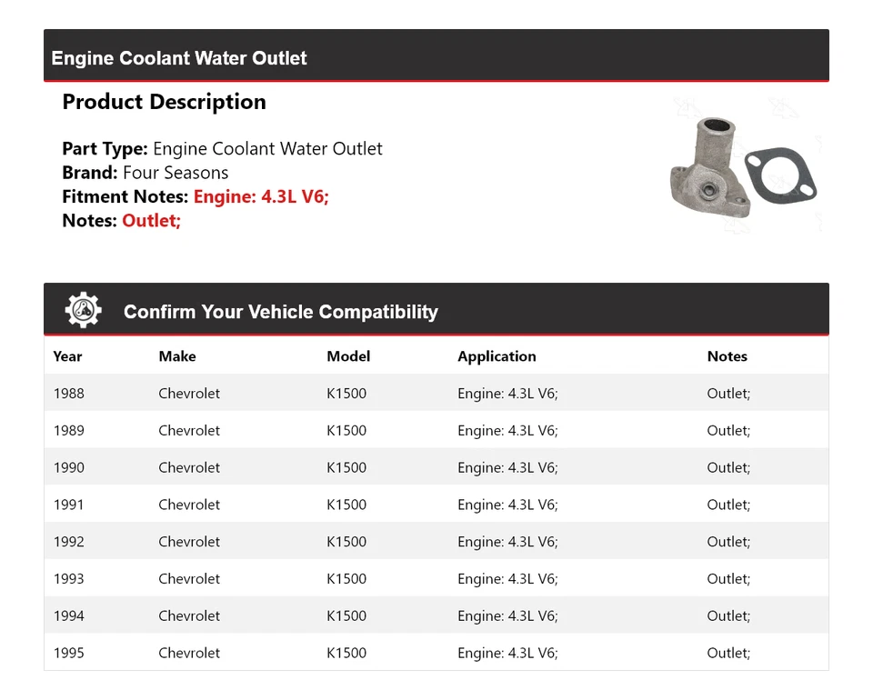 Para Chevrolet K1500 1988-1995 4,3 L motor V6 salida de agua refrigerante 4 estaciones 1989 Foto 2 de 4