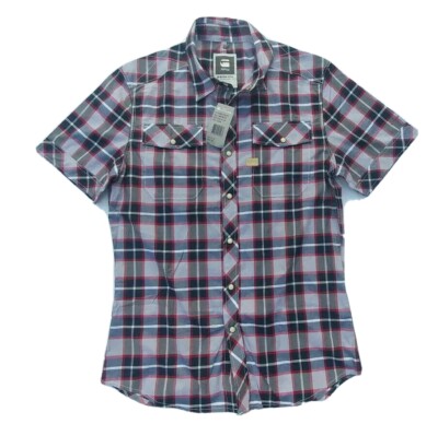 G-Star Raw Men Shirt Size S Fit Like XS Slim Fit Short Sleeve Plaid Pearl Snap