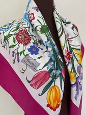 Unisex Gucci Iconic Flora Print White Multicolor with Pink Border Silk Scarf