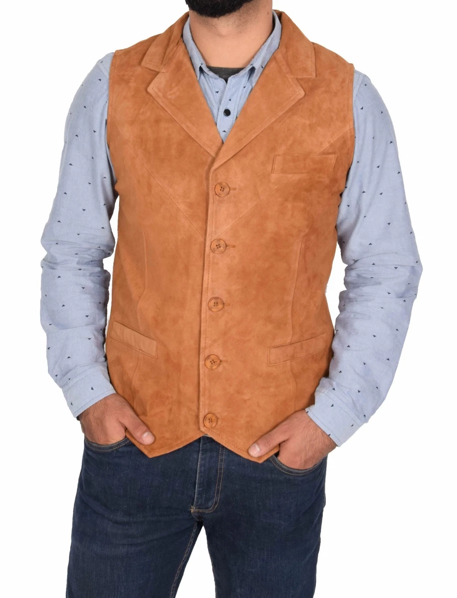 Mens Genuine Tan Suede Waistcoat Soft Leather Gilet Classic Western Vest Yelek