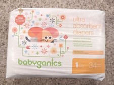  NEW Baby ganics diapers Size 1 Count 34 Ultra Absorbent