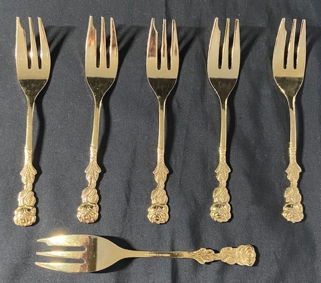 6 Dessertgabeln vergoldet 20 Karat Rosen Design Vintage Besteck Gold Deko - Bild 4 von 4