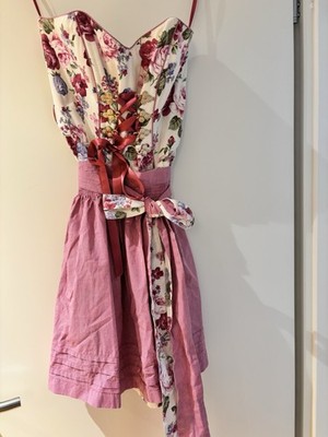 Damen Dirndl knielang ärmellos mehrfarbig floral mit Schnürung & Schürze. Gr. 38