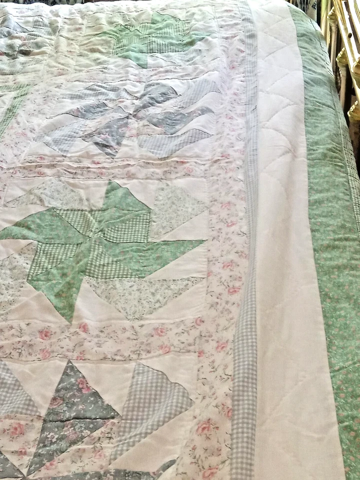 Juego de edredón Pinwheel 2 almohadas Sham 2 verde/rosa 1970 acolchado a mano núcleo de cabaña Foto 4 de 4