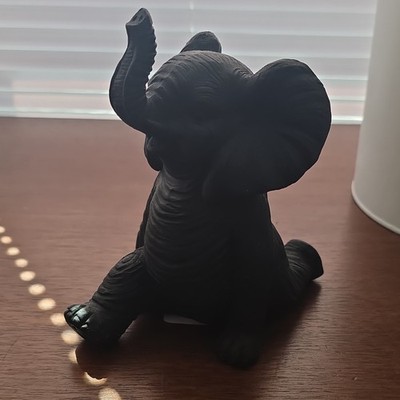 Black Sitting Elephant Figurine Sculpture, Raised Trunk Elephant Decor