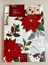 Vinyl Tablecloth flannel back 52"x70"Oblong CHRISTMAS,PONSETTIA PINE CONES ELH