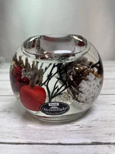 Gilde Dreamlight Glass Tealight Candle Holder Pinecones Snowflake Berries 3.5"