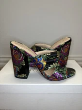 Raye Monroe Block Heel Mule Black Brocade Multicolor Floral Print Sandal Sz 7.5