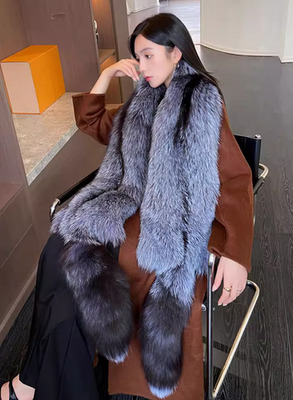 sheller 即完 FOXfurcapecoat Women's Whole Pelt Real Silver Fox Fur Scarf Cape Wrap Collar Neck