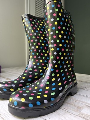 Women s Size 6 Knee High Pull-On Rubber Rain Boots Round Toe Black Polka Dot