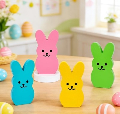 Easter Decorations - 4 PCS Wooden Bunny Decor for Home Table, Spring Peeps Signs