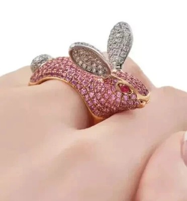 3Ct Round Cut Lab-Created Pink Sapphire Rabbit Wedding Ring 14K Two Gold Plated