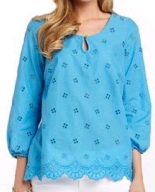 Lilly Pulitzer Blue Telyn Eyelet Lace Long Sleeve  Blouse Top Size Small Cotton