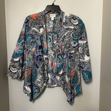 Chicos Linen Jacket Womens 1 US Blue Paisley Open Front 3/4 Sleeves Lagenlook