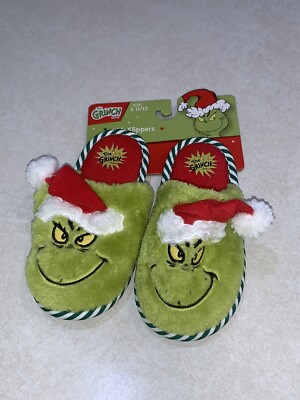 The Grinch Santa Hat Christmas Holiday Kids Slippers Small Size