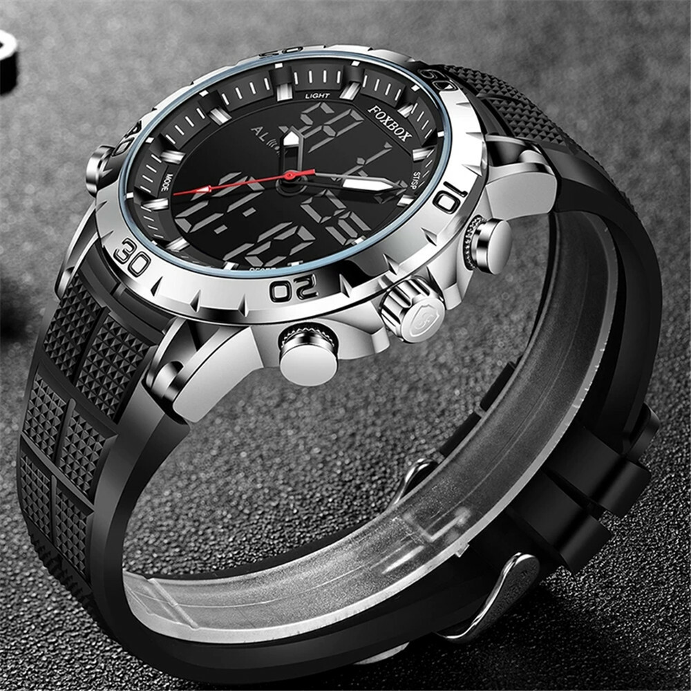 FOXBOX Men Dual Time Sport Stopwatch Digital Watch Alarm LED Quartz Watches