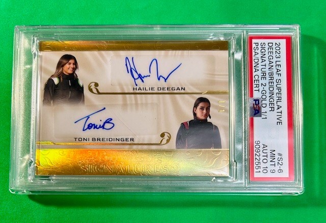 2023 LEAF SUPERLATIVE GOLD #1/1 AUTO HAILIE DEEGAN & TONI BREIDINGER PSA MINT 9