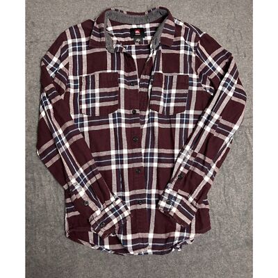 Quiksilver Button Up Womens Shirt Size Medium Plaid Burgundy Maroon White Navy