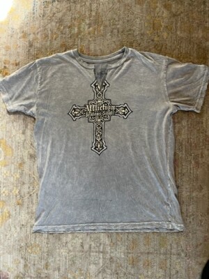 Affliction Gothic Cross Wings Skull T-Shirt Gray and Metallic Foil Distressed L