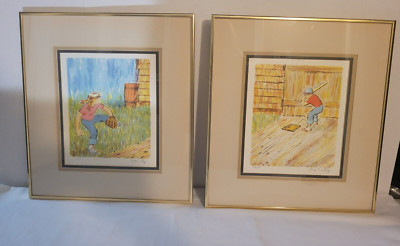 William Coty Original Colored Lithograph Wind Up Batter Up Signed Set/2 17x15''