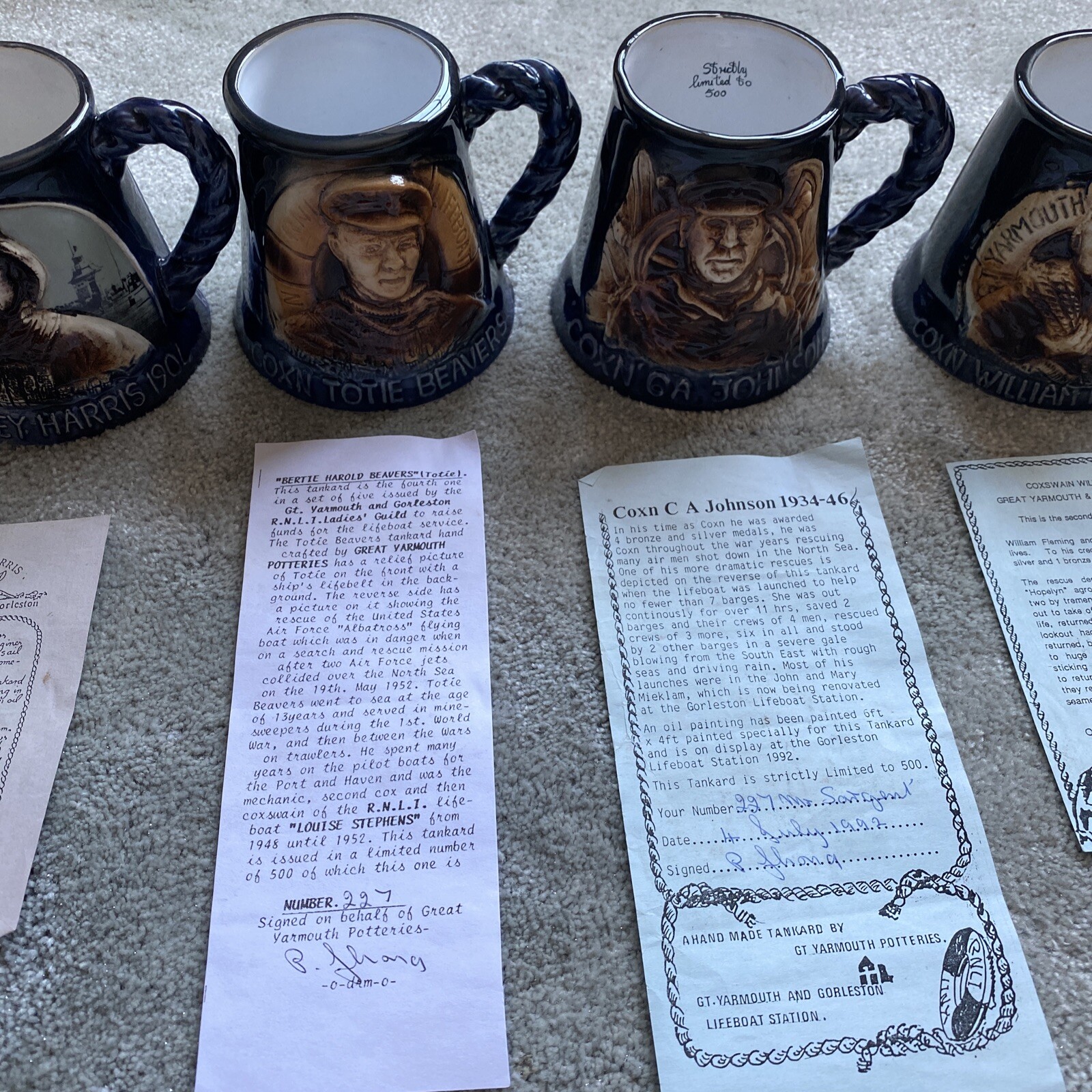 great yarmouth pottery limited edition lifeboat tankards full set With