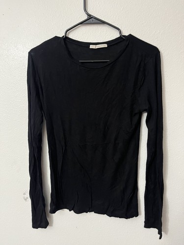 Active Basic Round Neck T Shirt Long Sleeve Black Lightweight Rayon Spandex L
