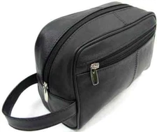 Quality Genuine Cow Leather Men's Shaving Toiletry and Travel Bag 3 Zipper Black