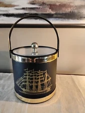 Shelton Ware Vintage Black And Gold Ice Bucket With Ship Design 
