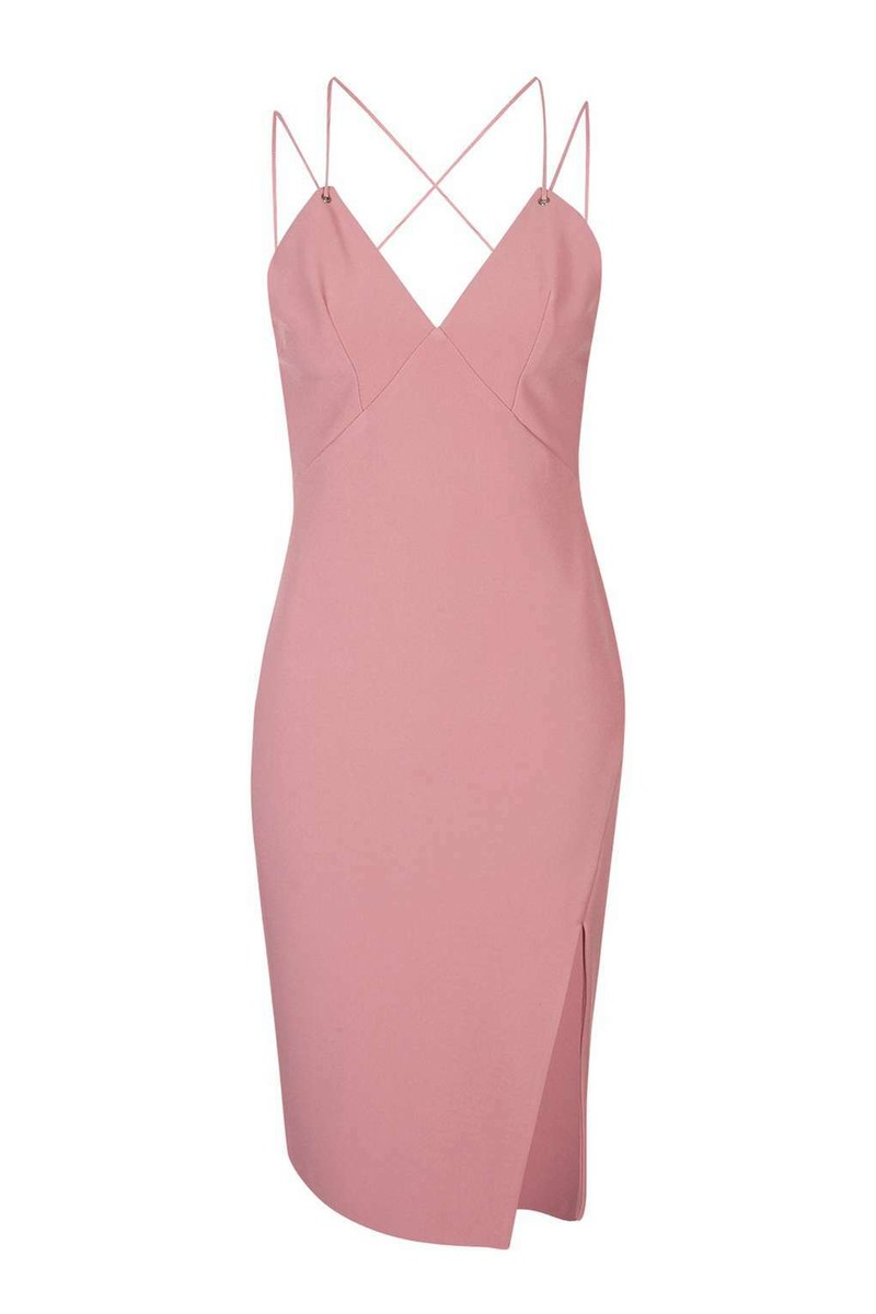 topshop rose pink strappy midi pencil bodycon slit dress UK EU
