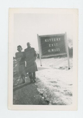 Vintage Photo Cute Couple Walk Along Snowy HIghway Kittery Exit Sign ME 1940s