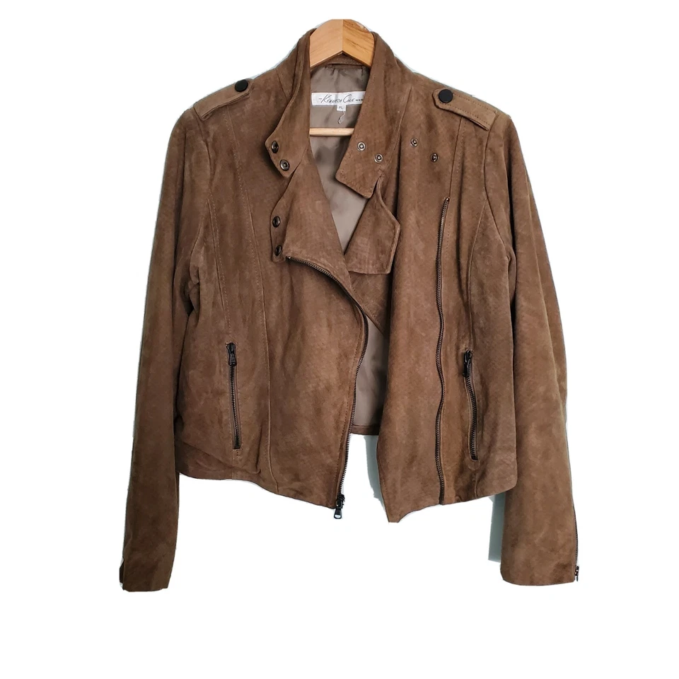 Chaqueta de gamuza Kenneth Cole estampado de serpiente marrón moto talla L pequeña Foto 2 de 4