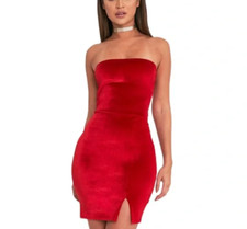 Pretty Little Thing Womens 10 Strapless Red Velvet Bodycon Dress New