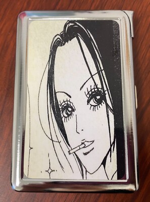 SMOKING ANIME GIRL CIGARETTE CASE LIGHTER SILVER METAL WALLET