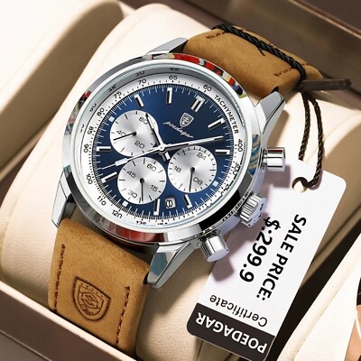 Luxus Herren Uhr Leder Chronograph Datumanzeige Armbanduhr Männer