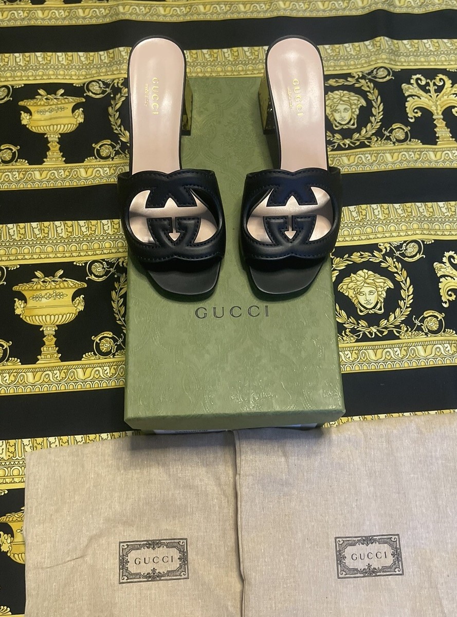 New Gucci Black Cosmos Slide Sandals Interlocking GG Cutout