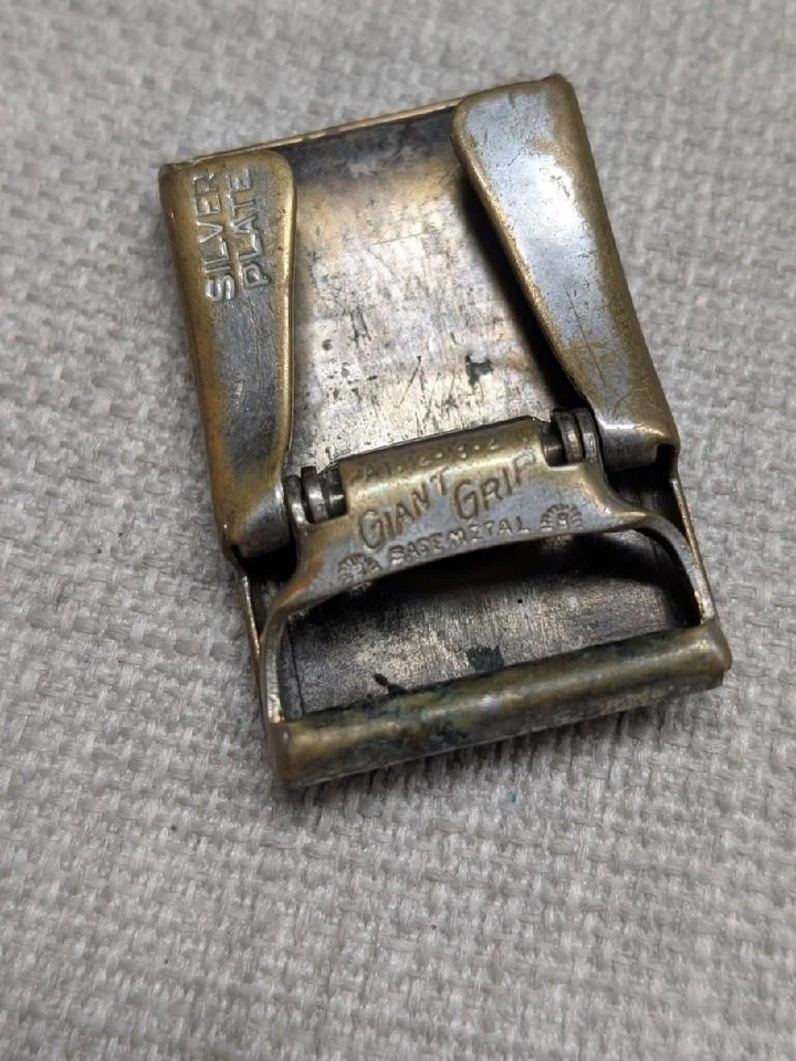 vintage 1940s antique SILVER PLATE belt buckle "H" brass GIANT GRIP western - Image 4 of 4