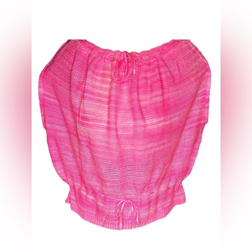 Courrèges, VTG 70s Courrèges Paris Pink Mesh Knit Top Off Shoulder Drawstring France Sz 00