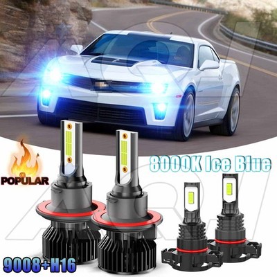 For Chevrolet Camaro 2010-2013 LED Headlight + Fog Light Bulbs Blue 4x 9008&H16