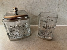 Tahari Silver Leaf Glass Cotton Ball Q-Tip Jar Tumbler Bathroom Set 2pc