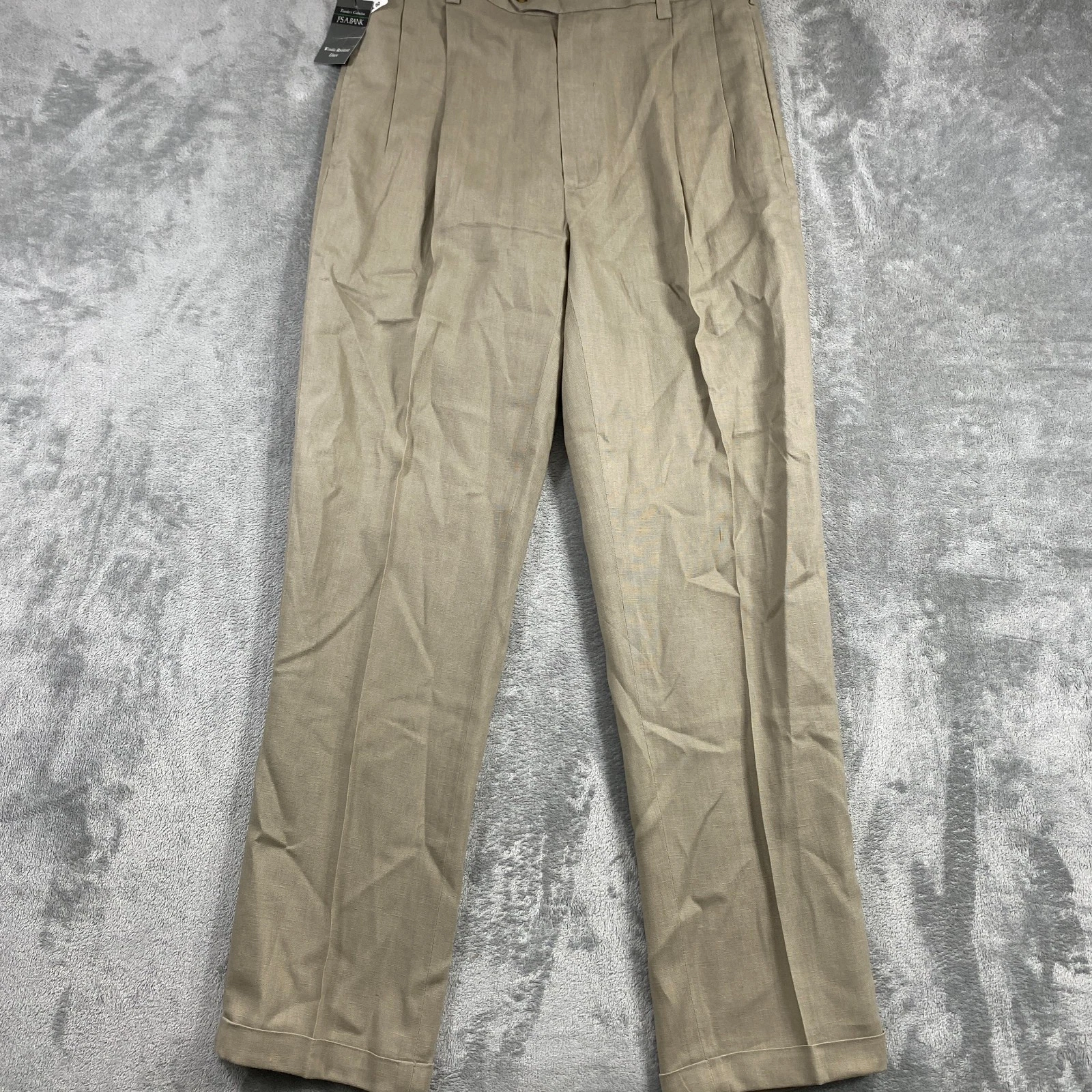 Jos A Bank Travelers Pants 34x34 Taupe 100% Linen Pleated Cuffed Summer Coastal