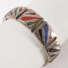 Los Castillo Taxco Mexico Sterling Silver Inlaid Stone Link Bracelet 52g 1.8 oz.
