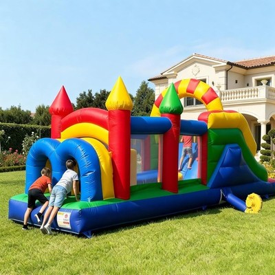 26FT PVC Inflatable Obstacle Course Castle Bounce House Slide Tunnel for Backyar
