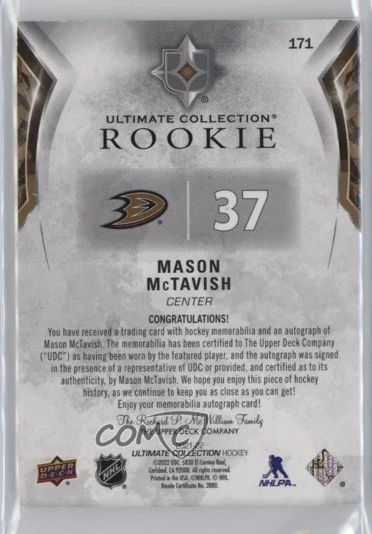 2021-22 Ultimate Collection Rookies /99 Mason McTavish RPA Rookie Patch Auto RC - Image 2 of 2