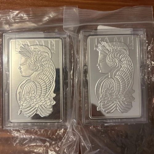 2 Consecutive Pamp Suisse 10 Ounce Oz Silver Bars .999 Bullion Lady Fortuna
