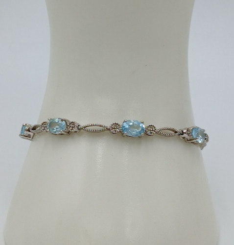 VTG 925 Oval Blue Topaz Tennis Bracelet 7in Sterling Silver 7gtw Filigree Links